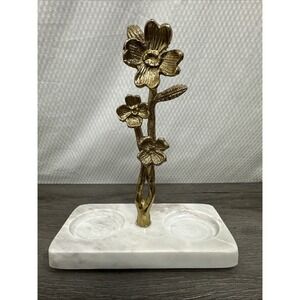 Gold Flower necklace trinket Dish Marble Base Holder Vanity Decor Gold Cast